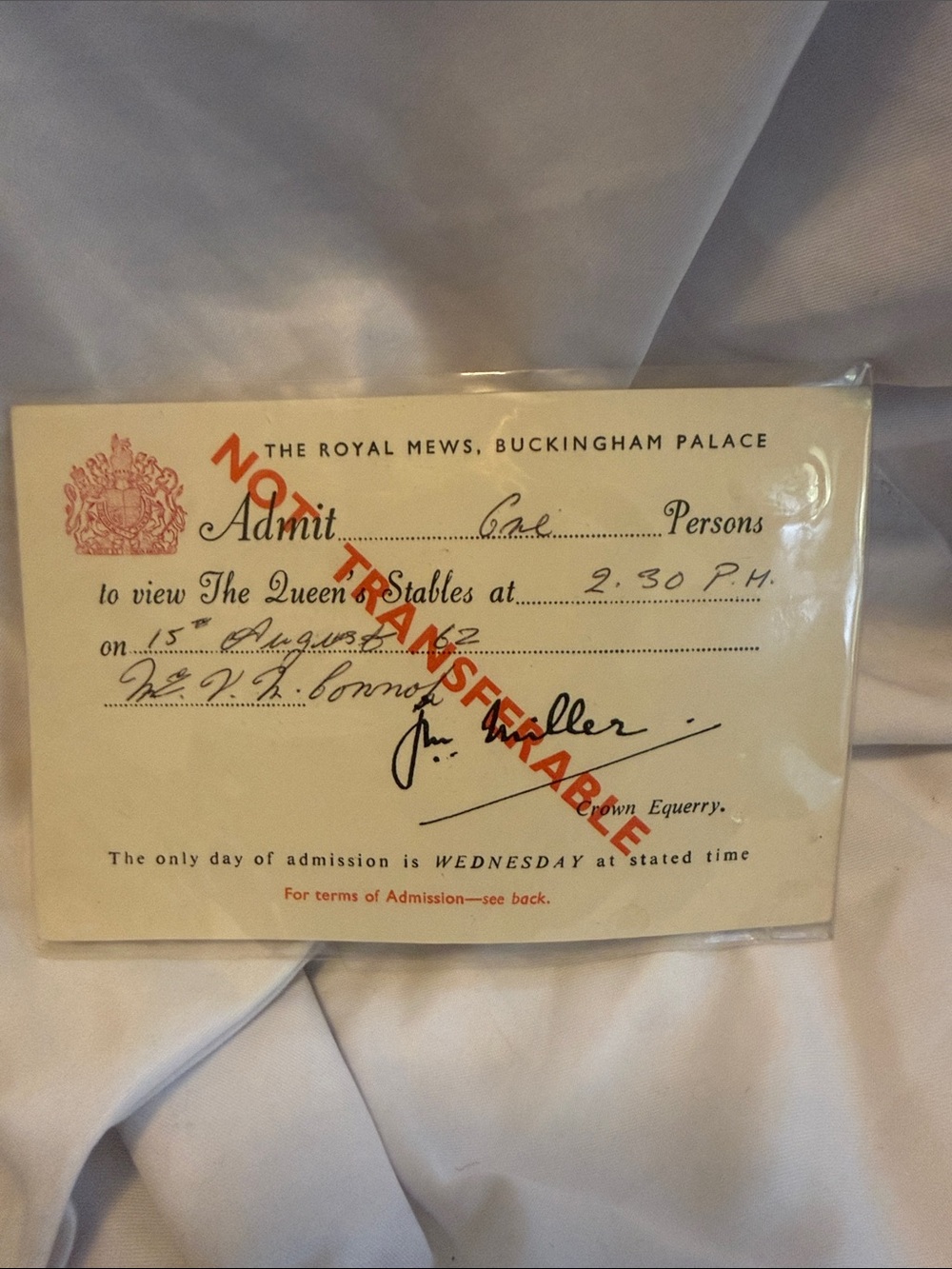 Vintage Royal Mews Buckingham Palace Admission Card
